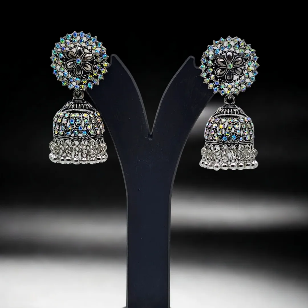 Oxidized Silver Multicolor AD Stone Jhumka Earrings - Bridal Traditional Wedding