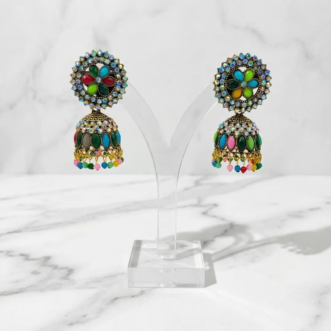 Gold Kundan Colorful Cabochon Jhumka Earrings - Bridal Party Wear Traditional