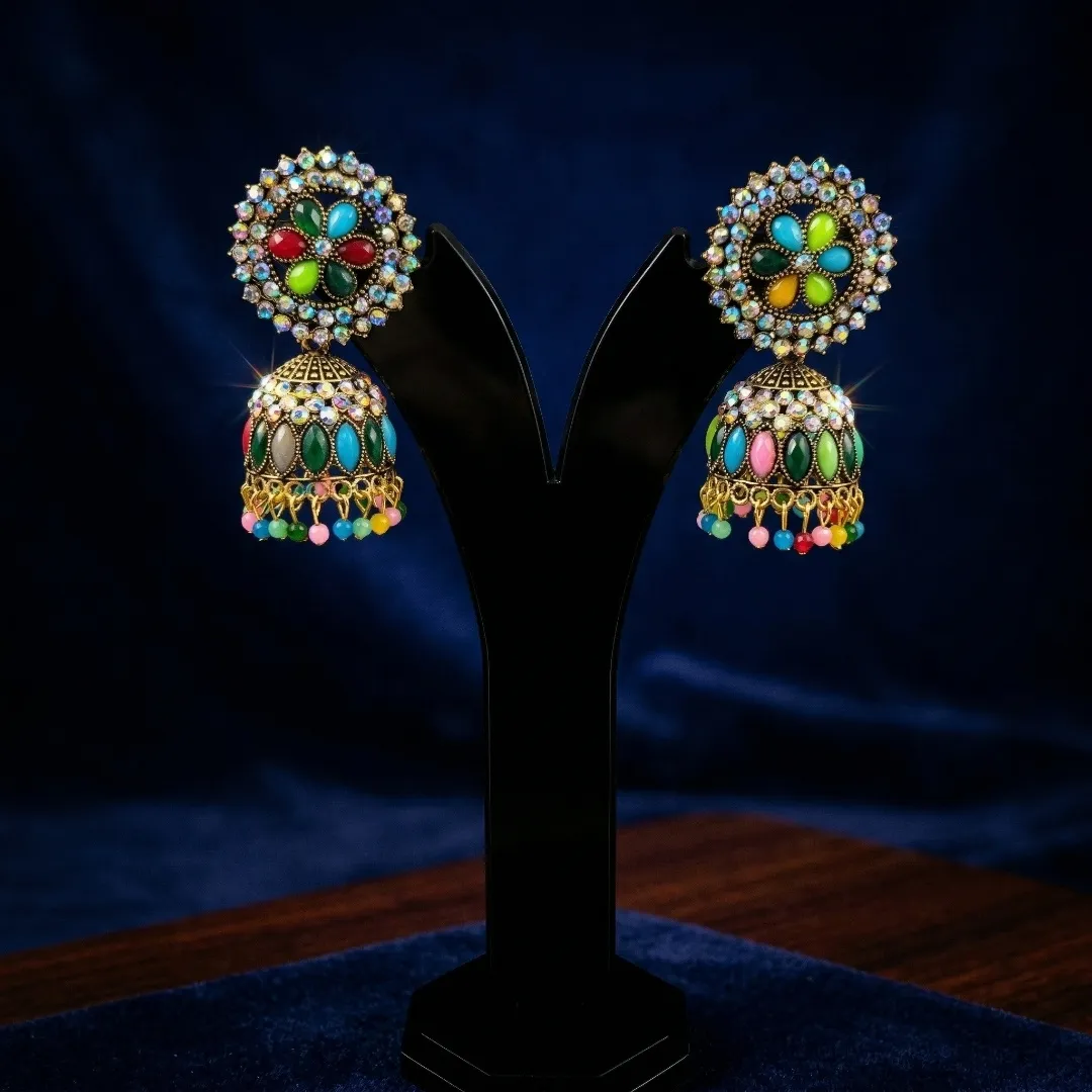 Gold Kundan Colorful Cabochon Jhumka Earrings - Bridal Party Wear Traditional