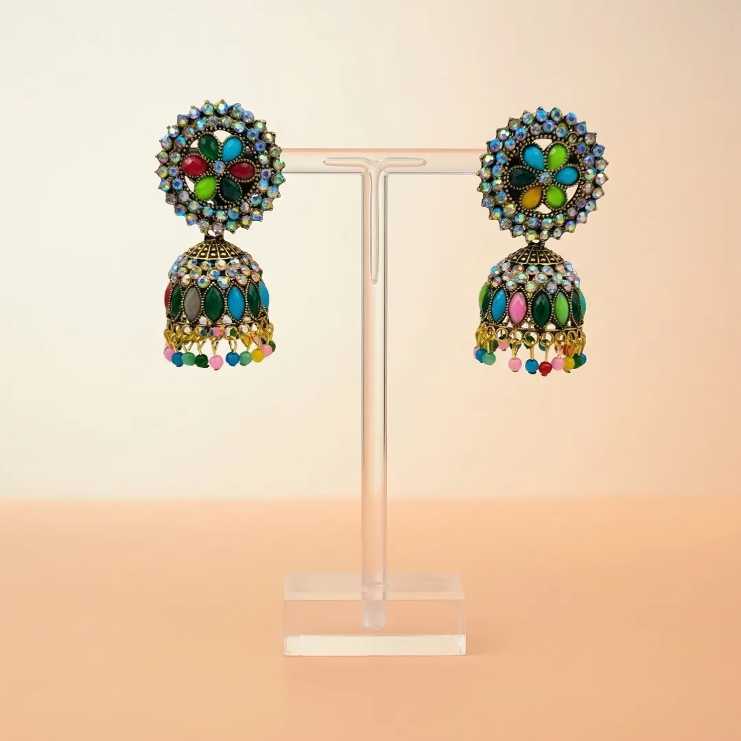 Gold Kundan Colorful Cabochon Jhumka Earrings - Bridal Party Wear Traditional