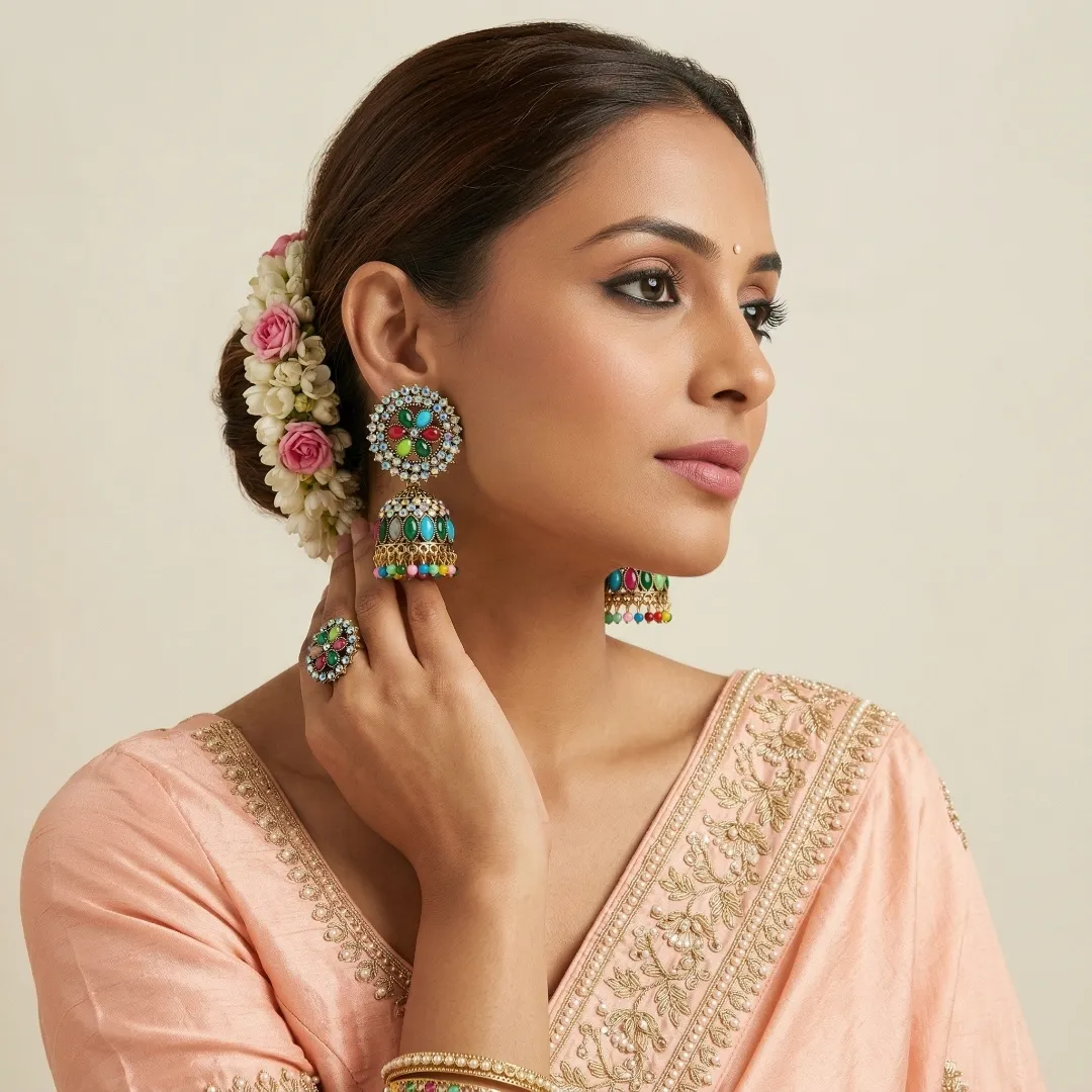 Gold Kundan Colorful Cabochon Jhumka Earrings - Bridal Party Wear Traditional