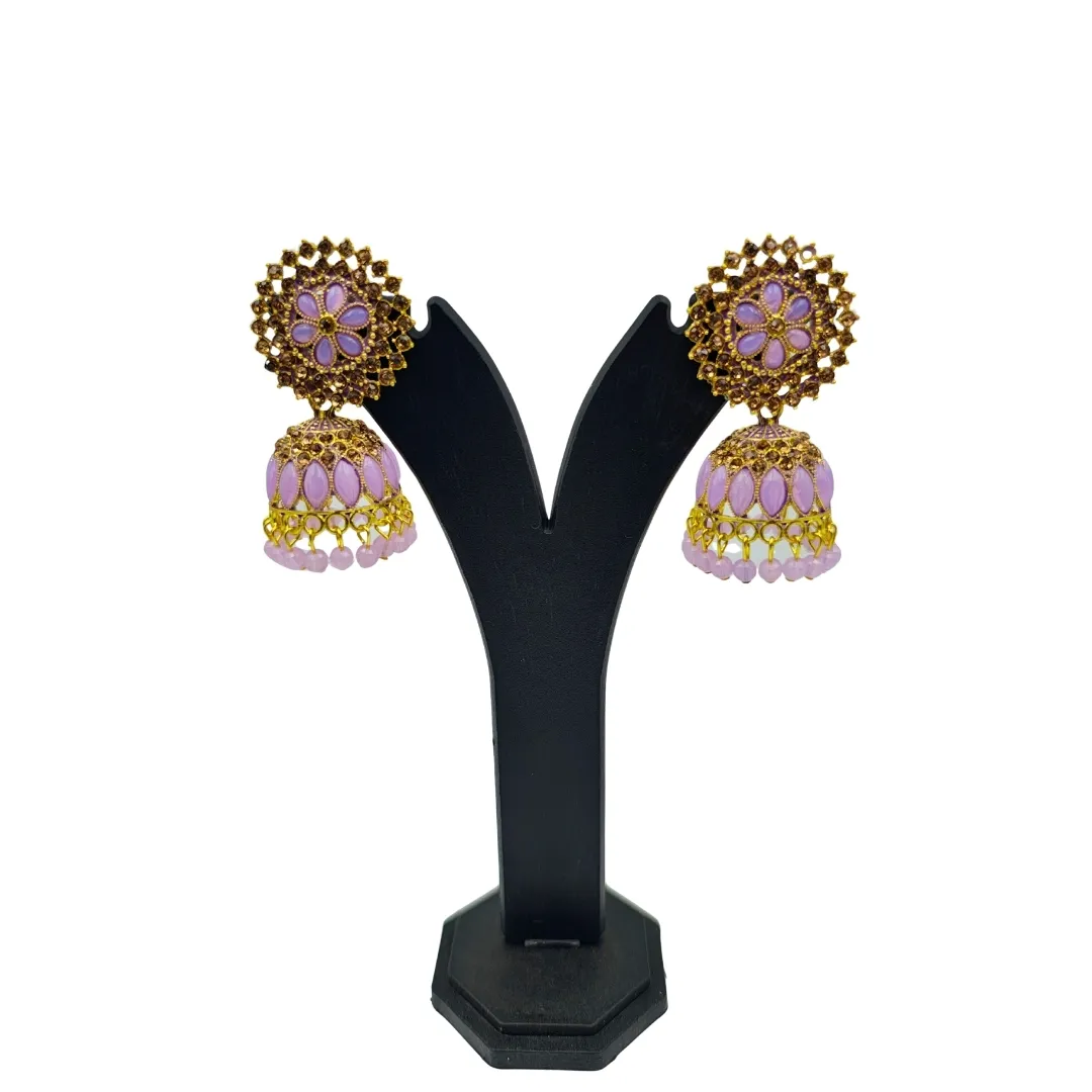 Gold Purple Kundan Jhumka Earrings - Bridal Traditional Party Wear Jewellery