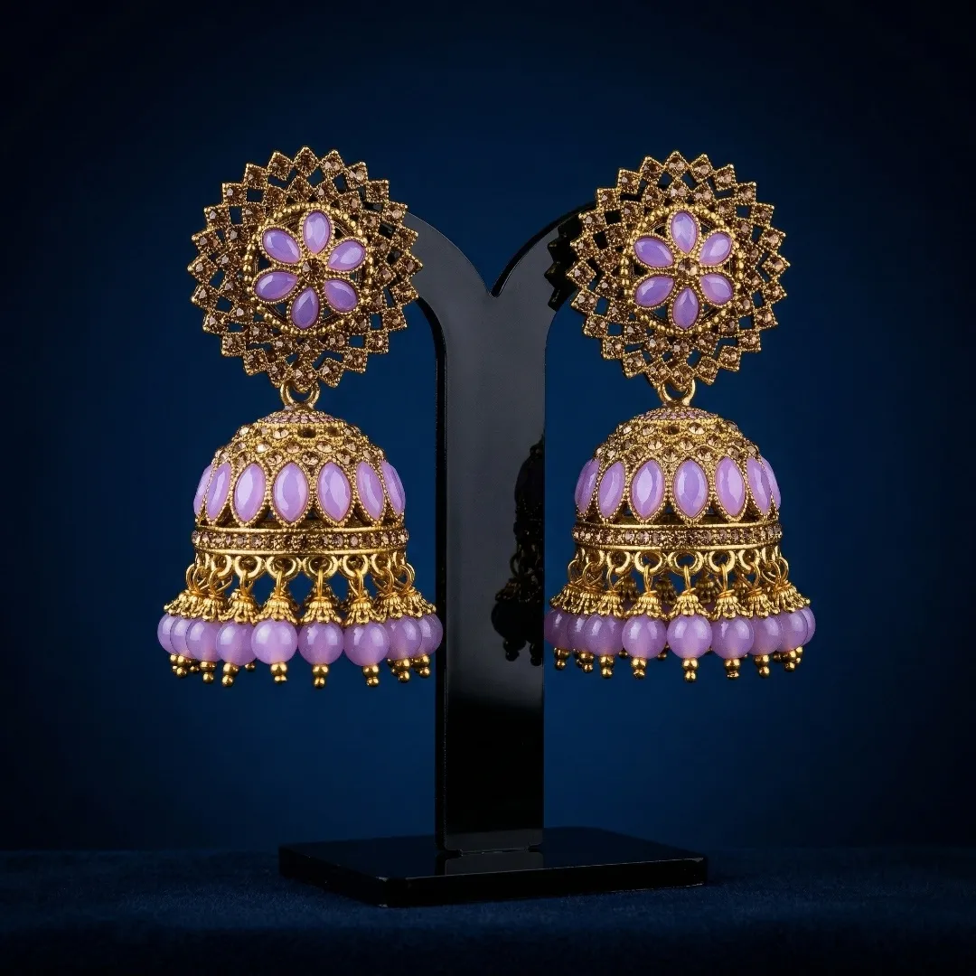 Gold Purple Kundan Jhumka Earrings - Bridal Traditional Party Wear Jewellery
