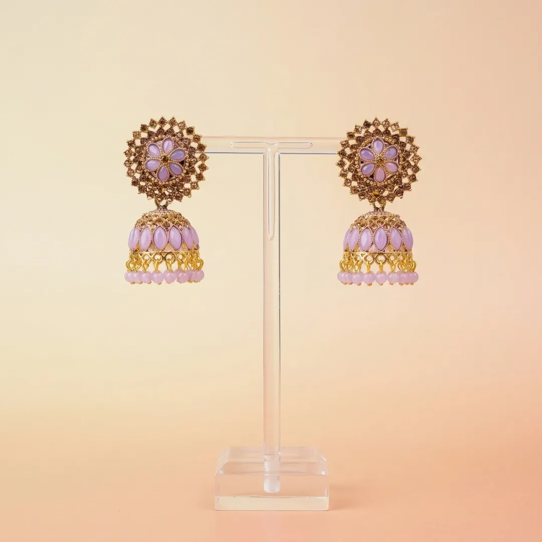 Gold Purple Kundan Jhumka Earrings - Bridal Traditional Party Wear Jewellery