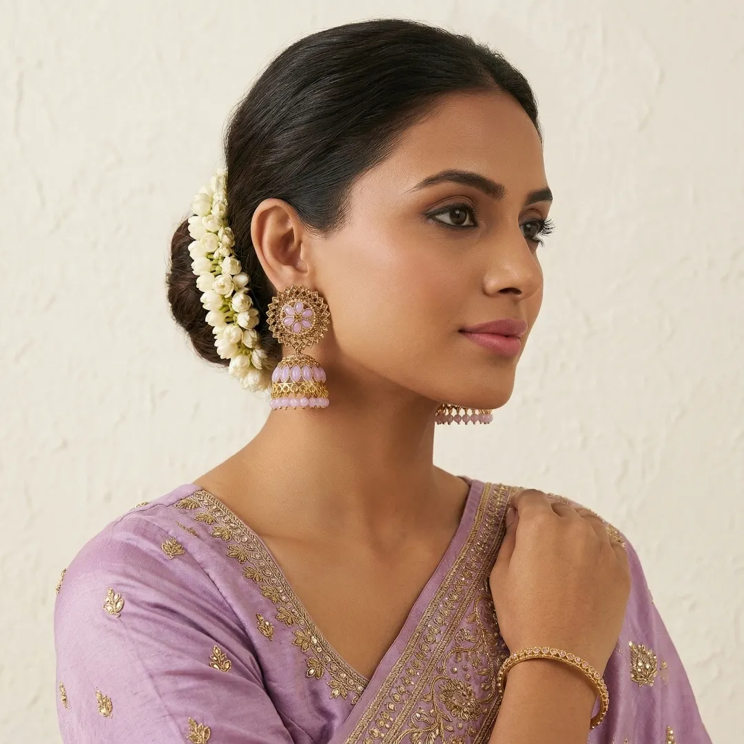 Gold Purple Kundan Jhumka Earrings - Bridal Traditional Party Wear Jewellery