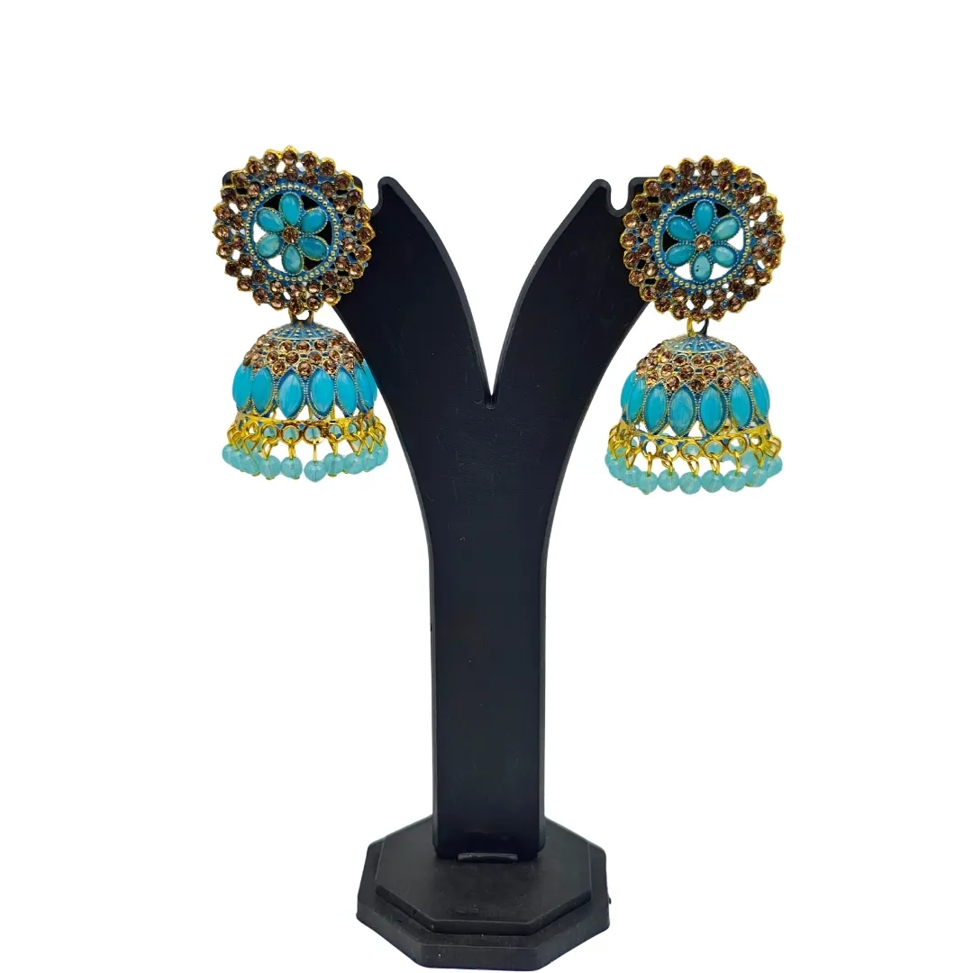 Gold Turquoise Kundan Jhumka Earrings - Bridal Traditional Party Wear Jewellery