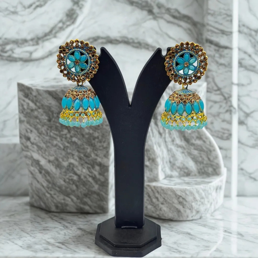 Gold Turquoise Kundan Jhumka Earrings - Bridal Traditional Party Wear Jewellery