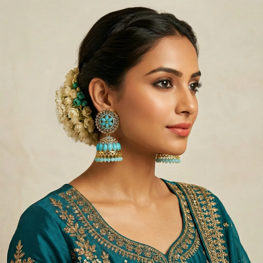 Gold Turquoise Kundan Jhumka Earrings - Bridal Traditional Party Wear Jewellery