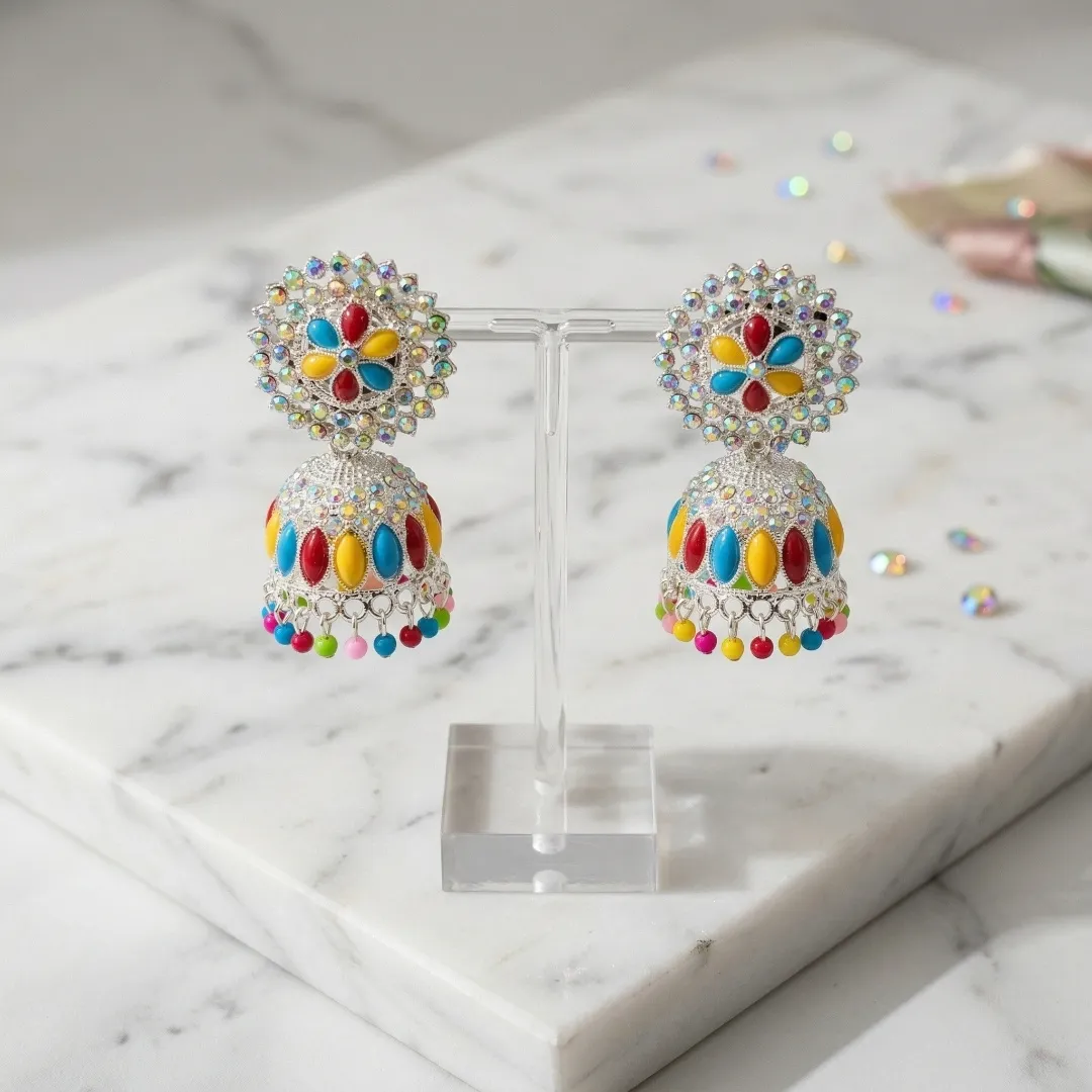 Silver Colorful Kundan Jhumka Earrings - Bridal Party Wear Traditional Jewellery