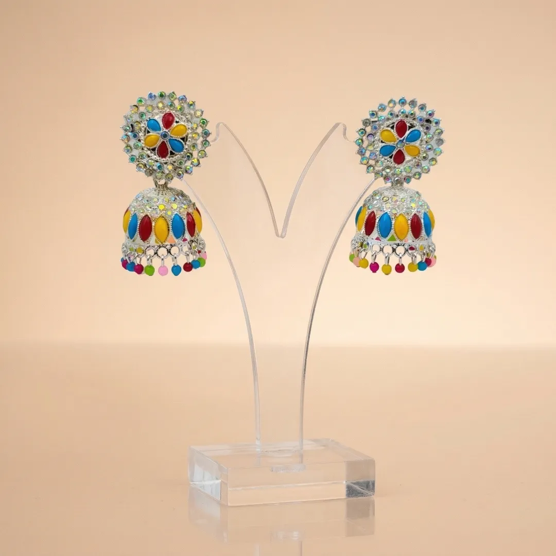 Silver Colorful Kundan Jhumka Earrings - Bridal Party Wear Traditional Jewellery