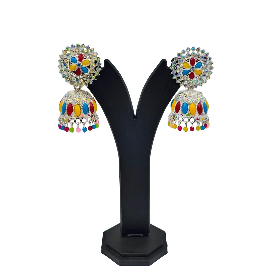 Silver Colorful Kundan Jhumka Earrings - Bridal Party Wear Traditional Jewellery