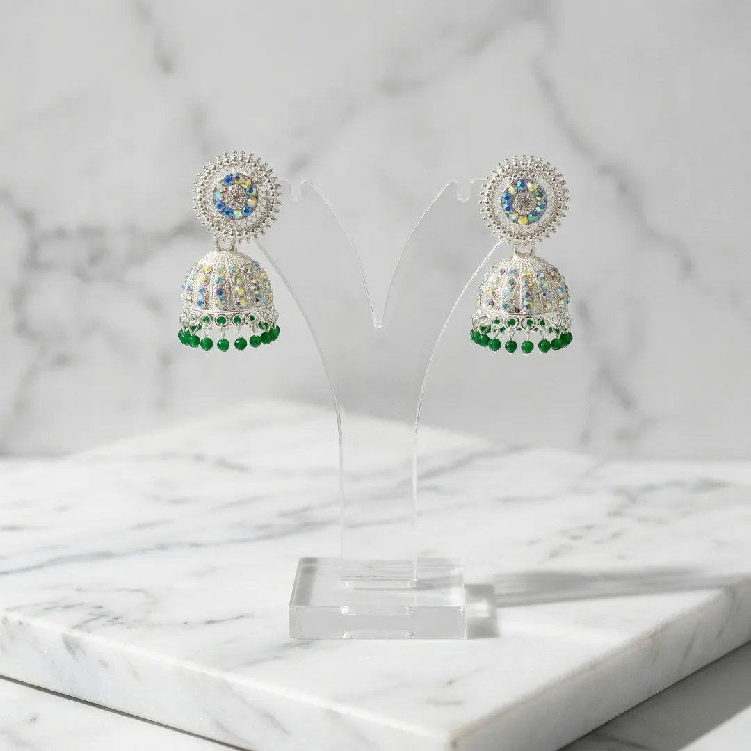 Silver Green Kundan AD Stone Jhumka Earrings - Bridal Traditional Wedding Jewellery