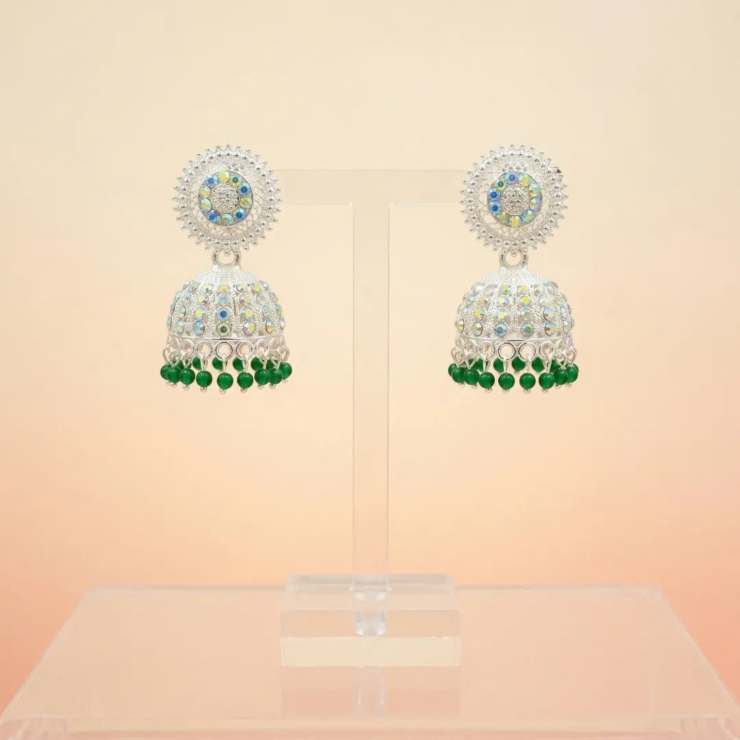 Silver Green Kundan AD Stone Jhumka Earrings - Bridal Traditional Wedding Jewellery