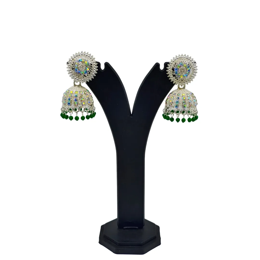 Silver Green Kundan AD Stone Jhumka Earrings - Bridal Traditional Wedding Jewellery