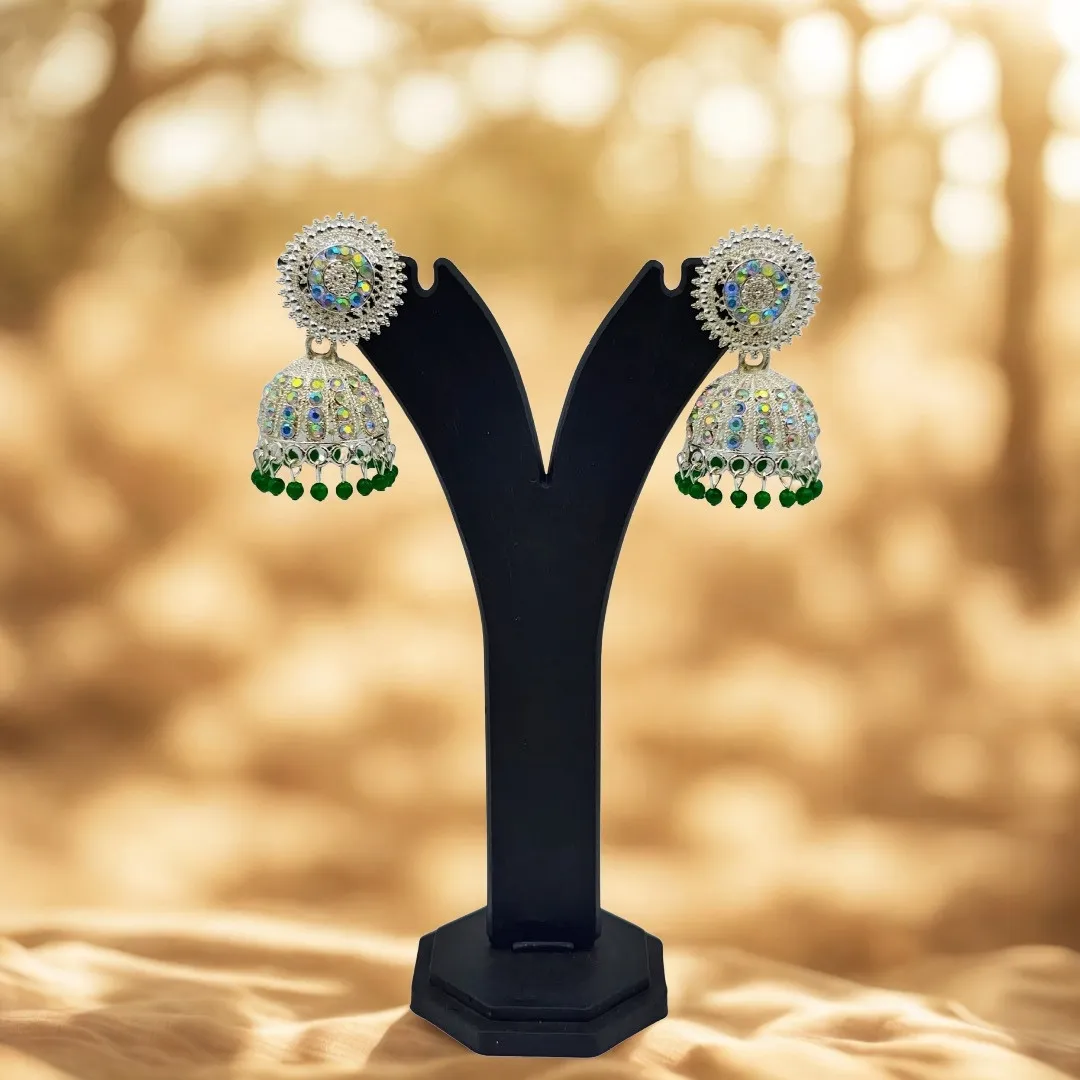 Silver Green Kundan AD Stone Jhumka Earrings - Bridal Traditional Wedding Jewellery