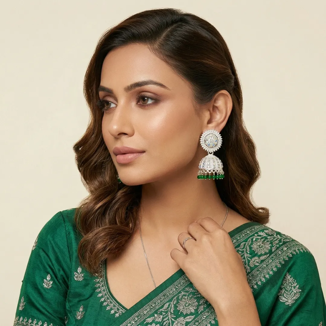 Silver Green Kundan AD Stone Jhumka Earrings - Bridal Traditional Wedding Jewellery