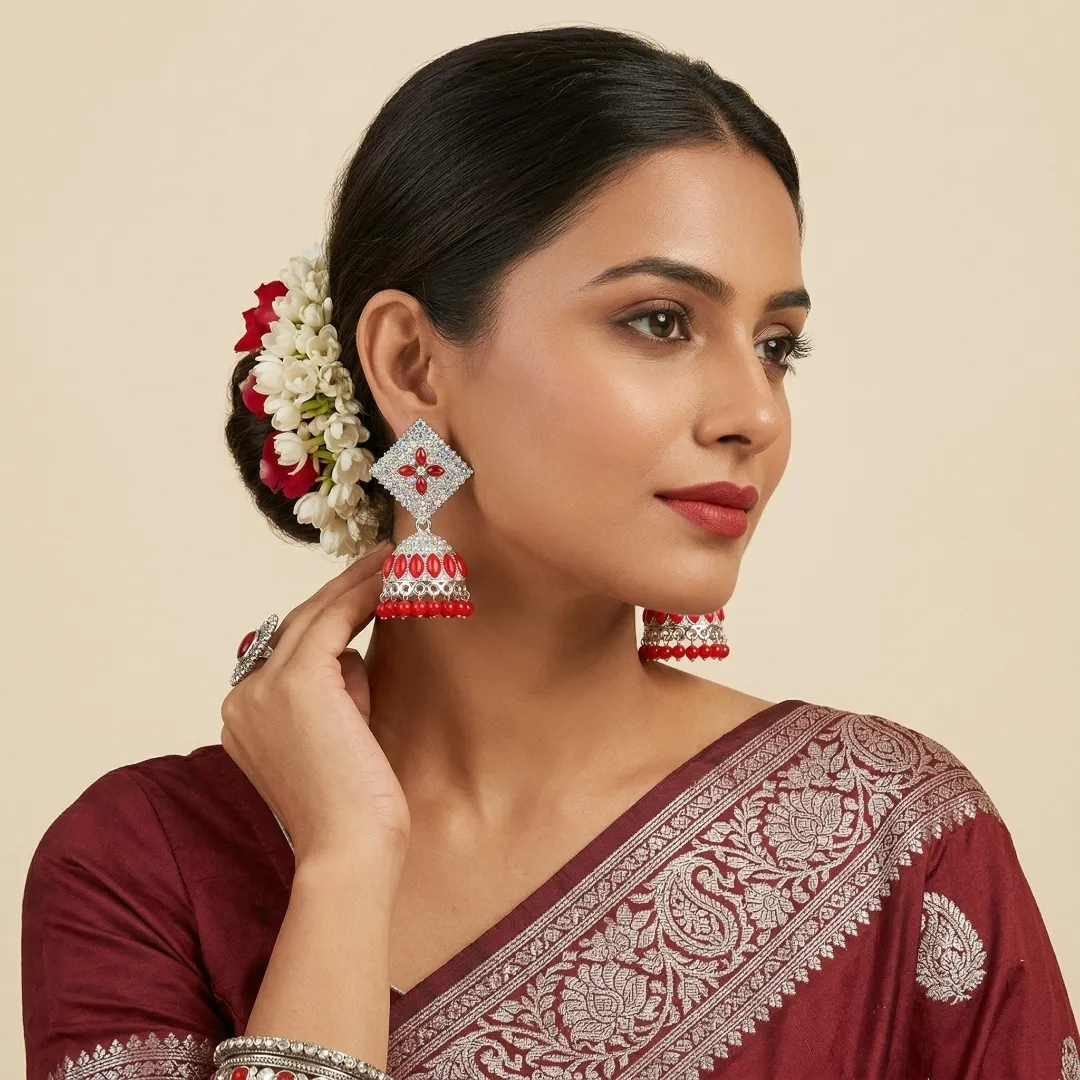 Silver Red Kundan AD Stone Jhumka Earrings - Bridal Traditional Wedding Jewellery