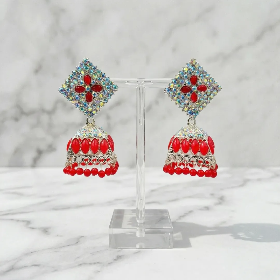 Silver Red Kundan AD Stone Jhumka Earrings - Bridal Traditional Wedding Jewellery