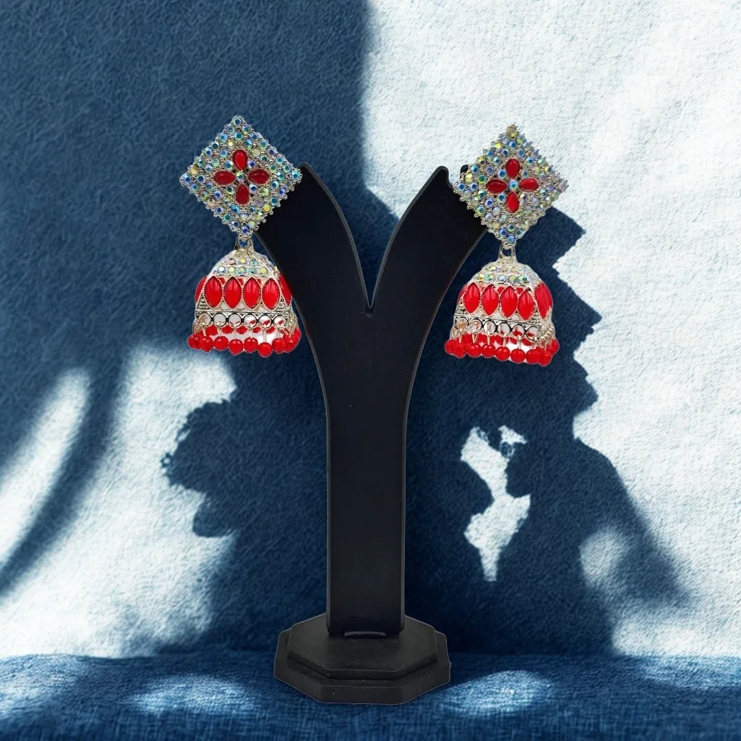 Silver Red Kundan AD Stone Jhumka Earrings - Bridal Traditional Wedding Jewellery