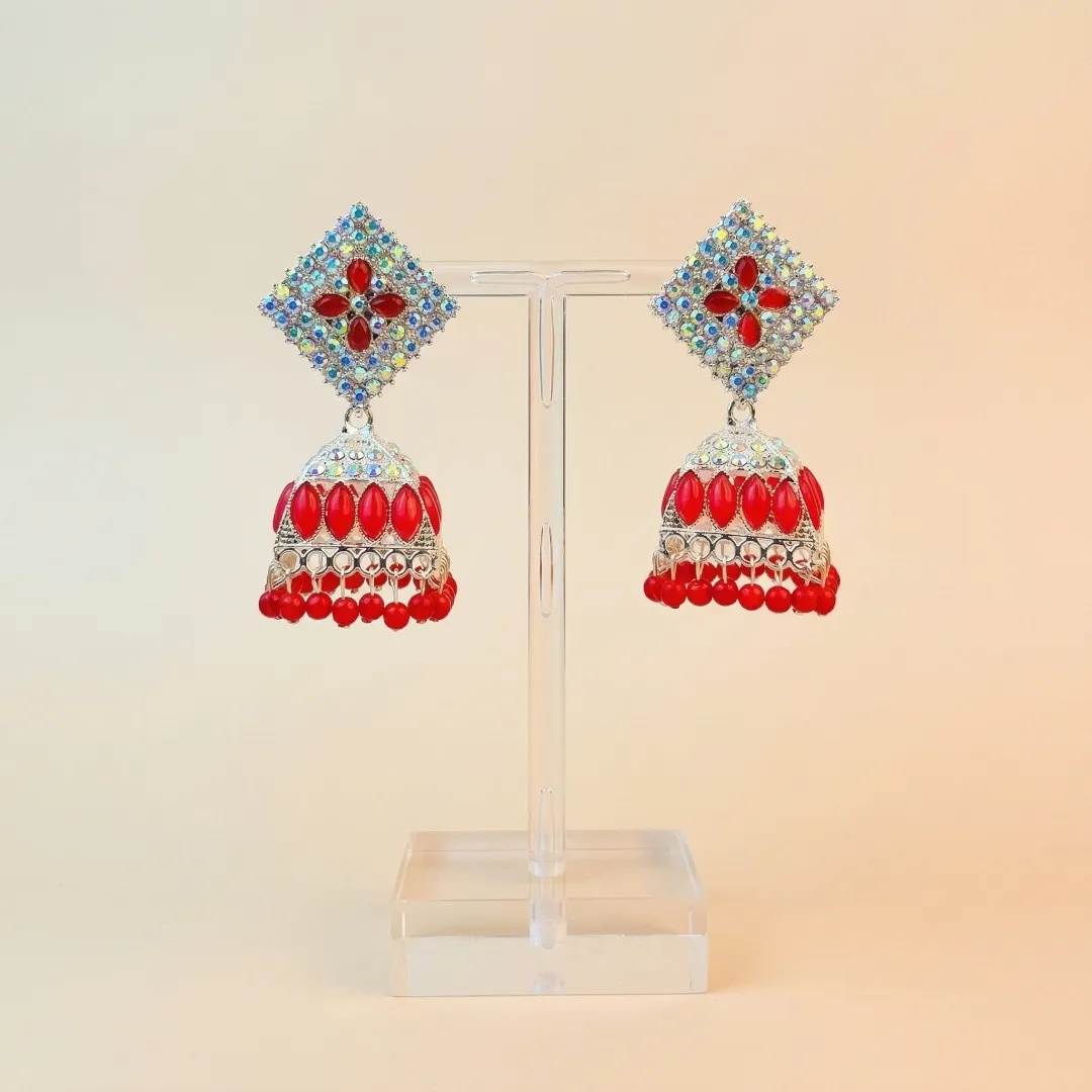 Silver Red Kundan AD Stone Jhumka Earrings - Bridal Traditional Wedding Jewellery
