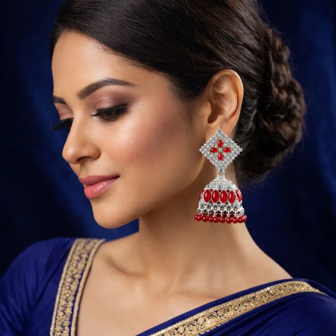 Silver Red Kundan AD Stone Jhumka Earrings - Bridal Traditional Wedding Jewellery