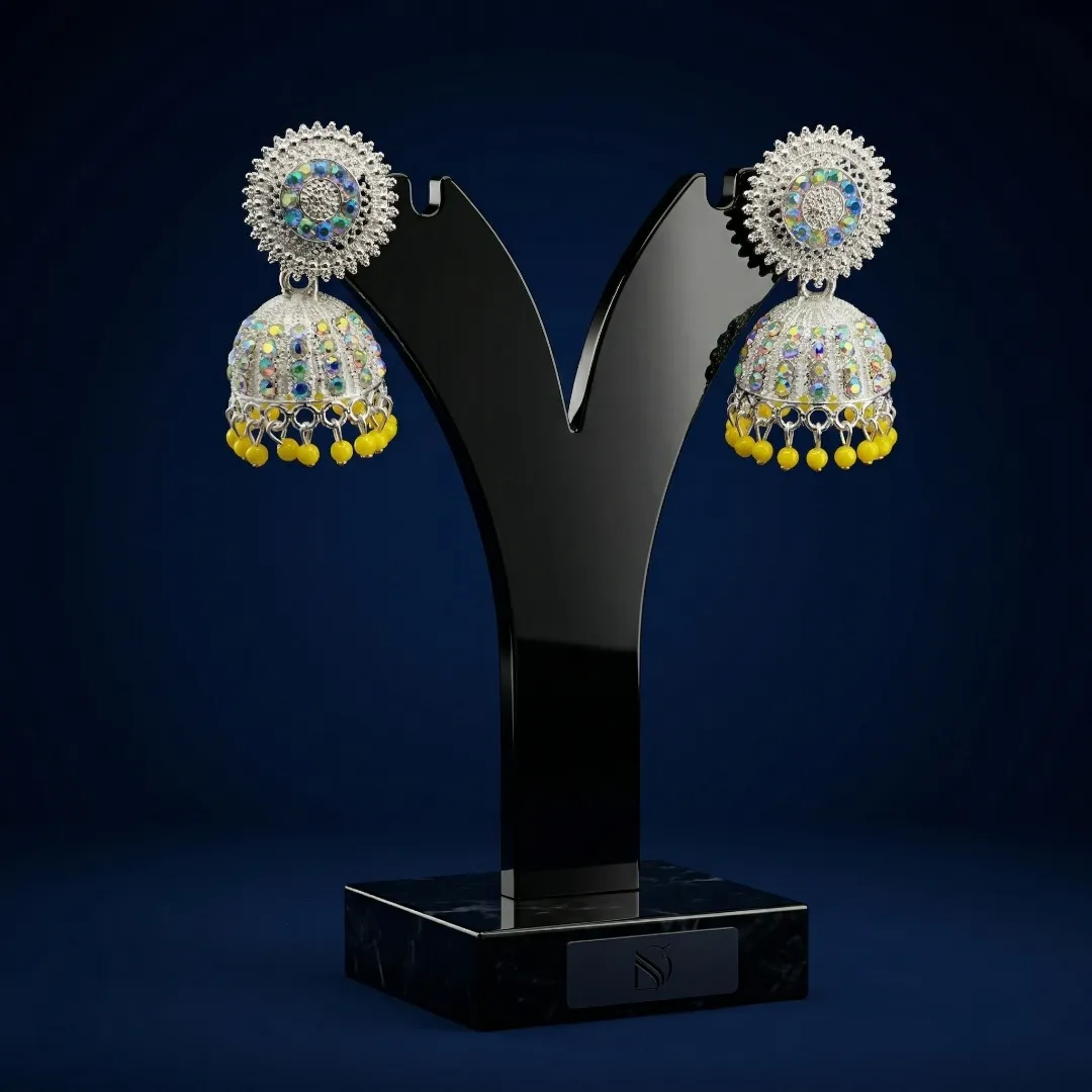 Silver Multicolor AD Stone Jhumka Earrings - Bridal Party Wear Traditional Jewellery