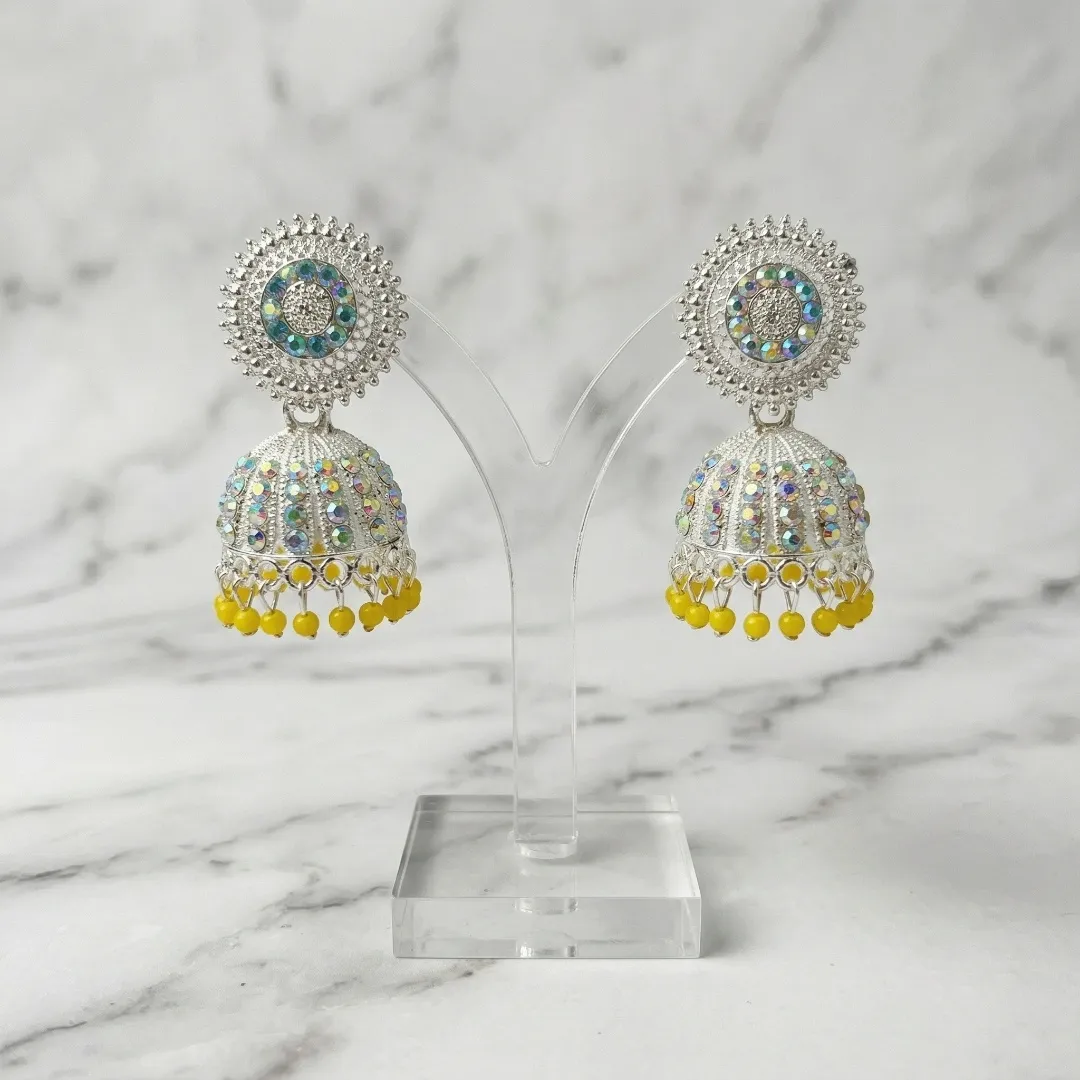 Silver Multicolor AD Stone Jhumka Earrings - Bridal Party Wear Traditional Jewellery