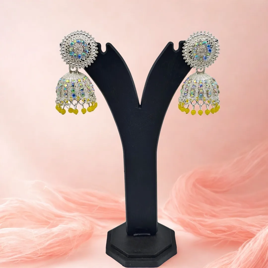 Silver Multicolor AD Stone Jhumka Earrings - Bridal Party Wear Traditional Jewellery