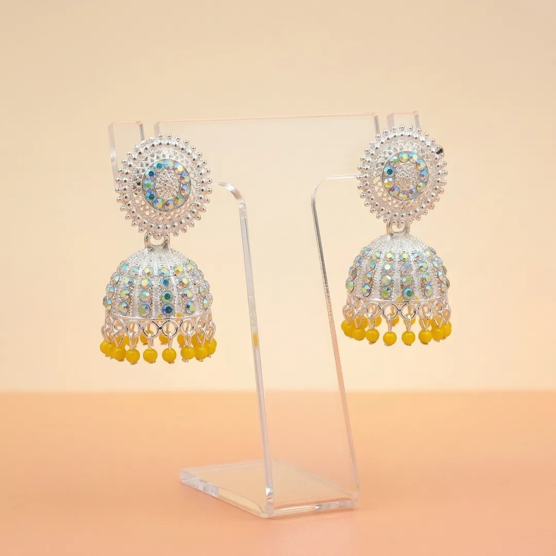 Silver Multicolor AD Stone Jhumka Earrings - Bridal Party Wear Traditional Jewellery