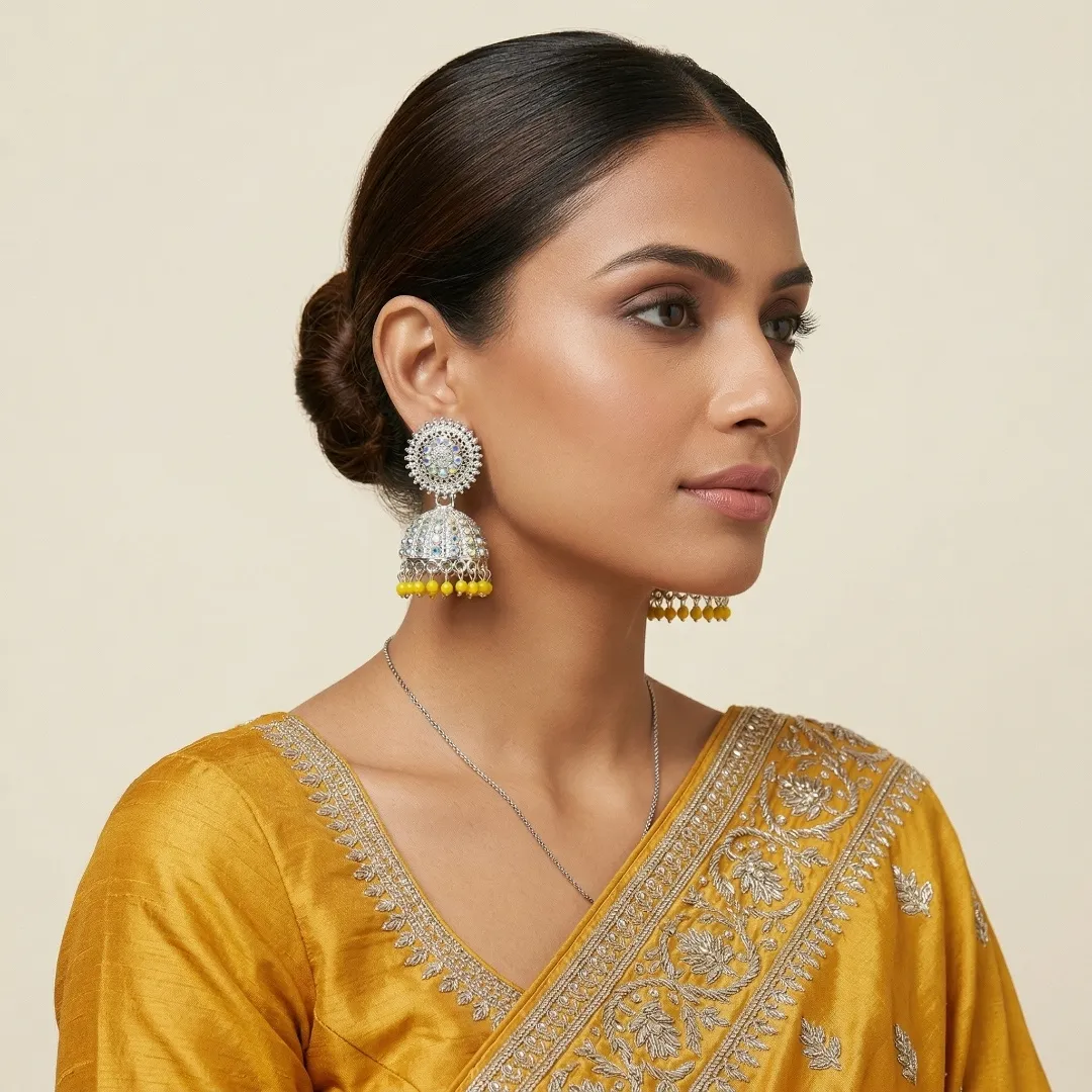 Silver Multicolor AD Stone Jhumka Earrings - Bridal Party Wear Traditional Jewellery