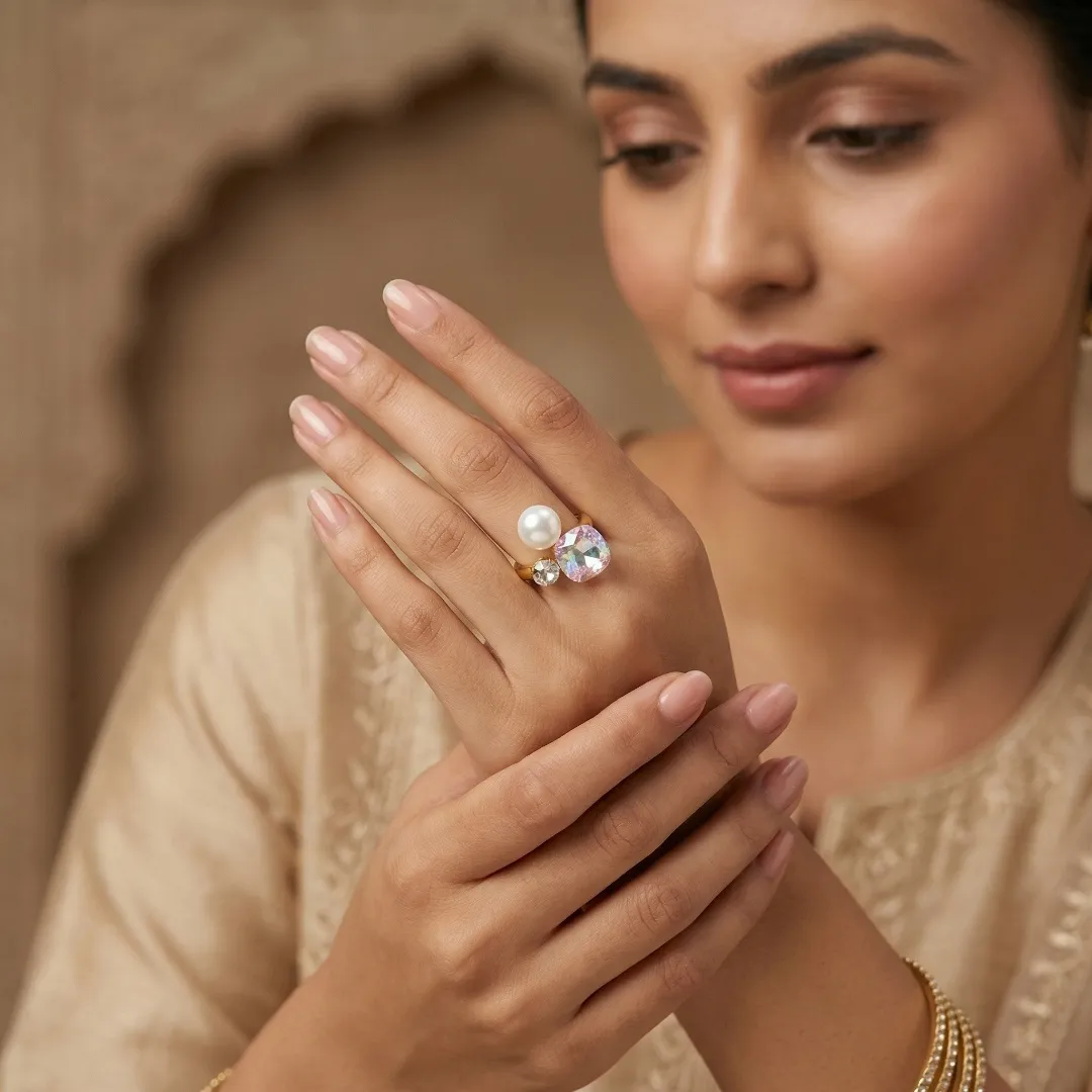 Multicolor AD Stone Pearl Ring - Designer Fashion Jewellery for Bridal & Party Wear