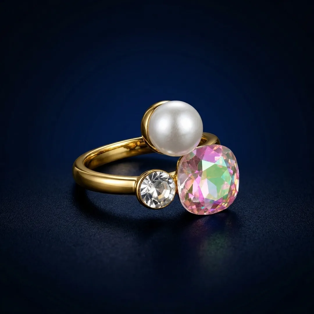 Multicolor AD Stone Pearl Ring - Designer Fashion Jewellery for Bridal & Party Wear