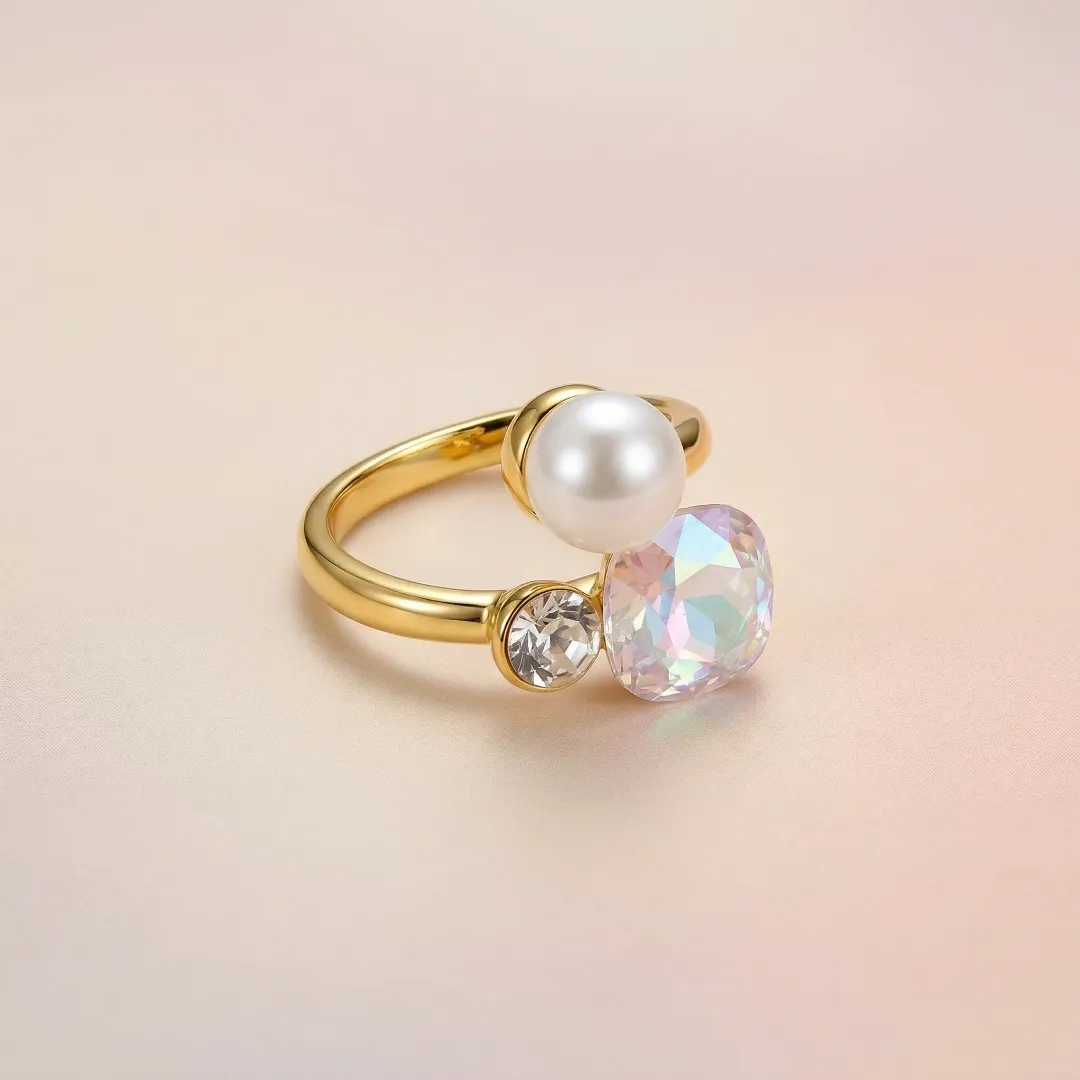 Multicolor AD Stone Pearl Ring - Designer Fashion Jewellery for Bridal & Party Wear