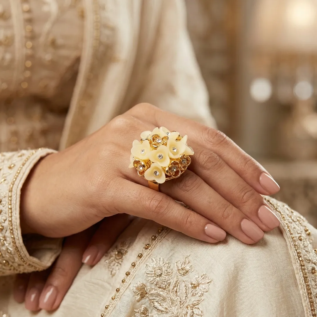 Kundan Floral Cluster Ring - Traditional Designer Fashion Jewellery for Bridal Wear