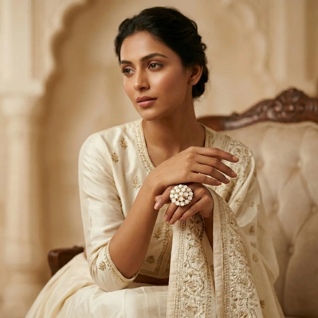 White Kundan Pearl Cluster Ring - Traditional Designer Fashion Jewellery for Bridal Occasions