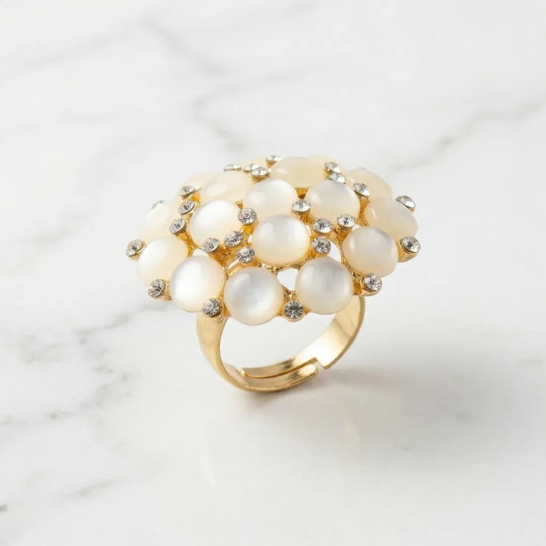 White Kundan Pearl Cluster Ring - Traditional Designer Fashion Jewellery for Bridal Occasions