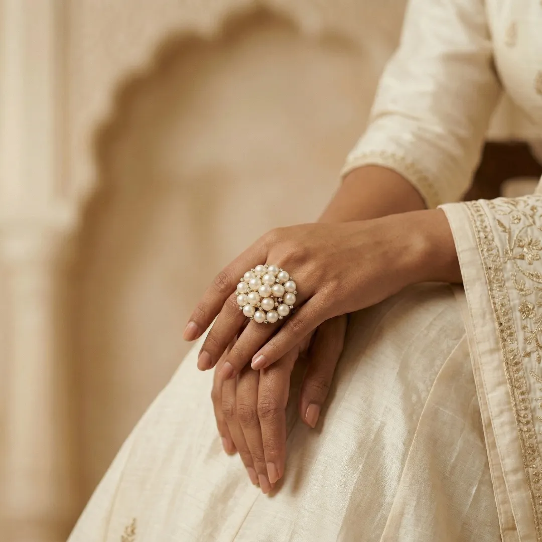 White Kundan Pearl Cluster Ring - Traditional Designer Fashion Jewellery for Bridal Occasions