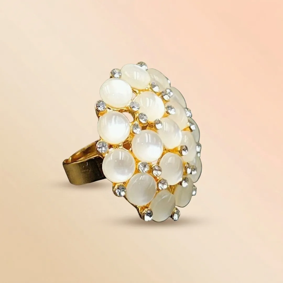 White Kundan Pearl Cluster Ring - Traditional Designer Fashion Jewellery for Bridal Occasions