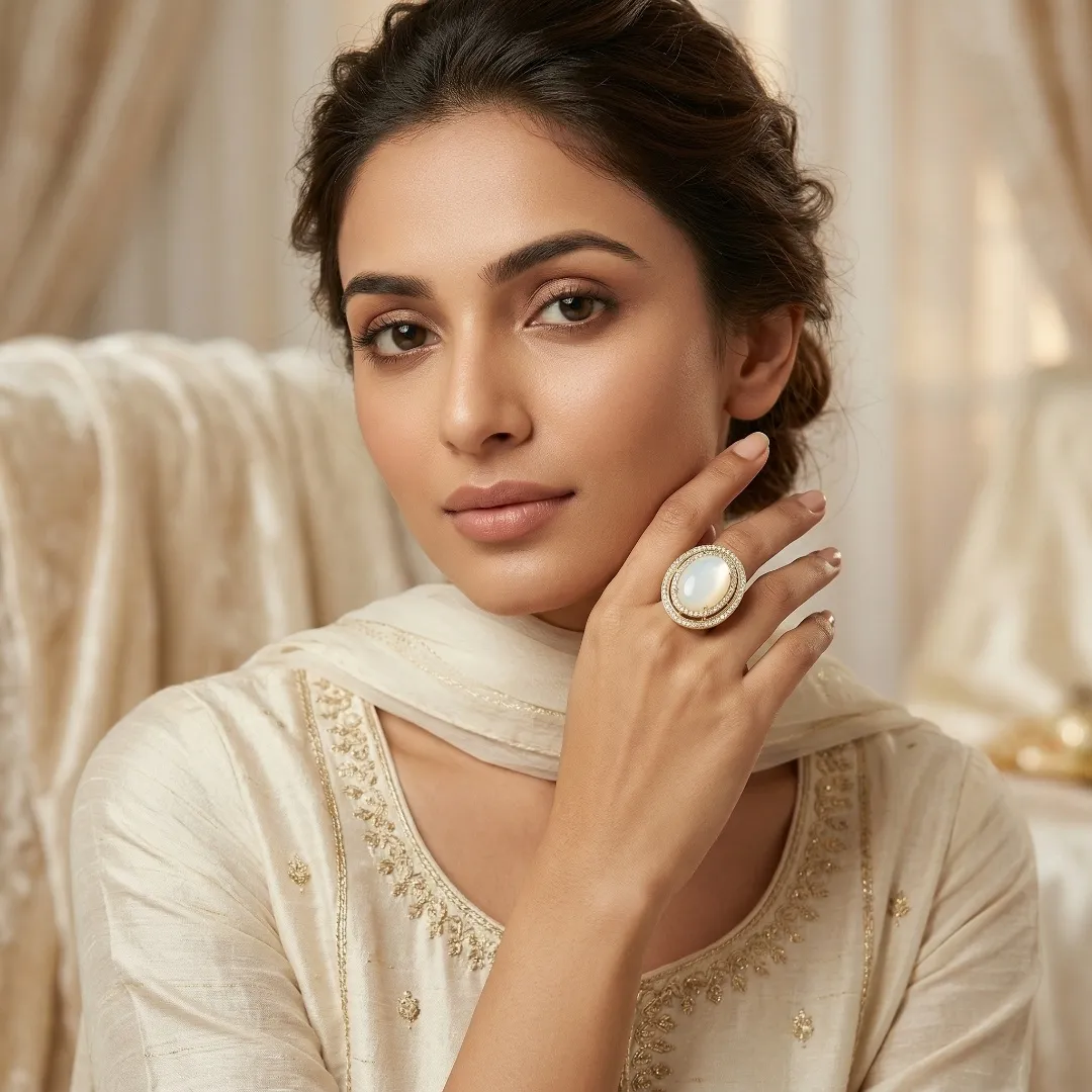 Cream Stone AD Halo Ring - Designer Fashion Jewellery for Bridal & Party Wear