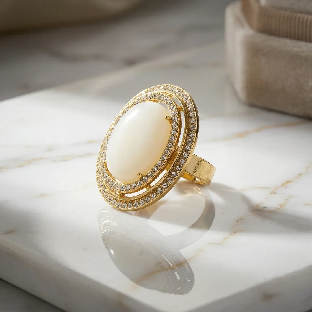 Cream Stone AD Halo Ring - Designer Fashion Jewellery for Bridal & Party Wear