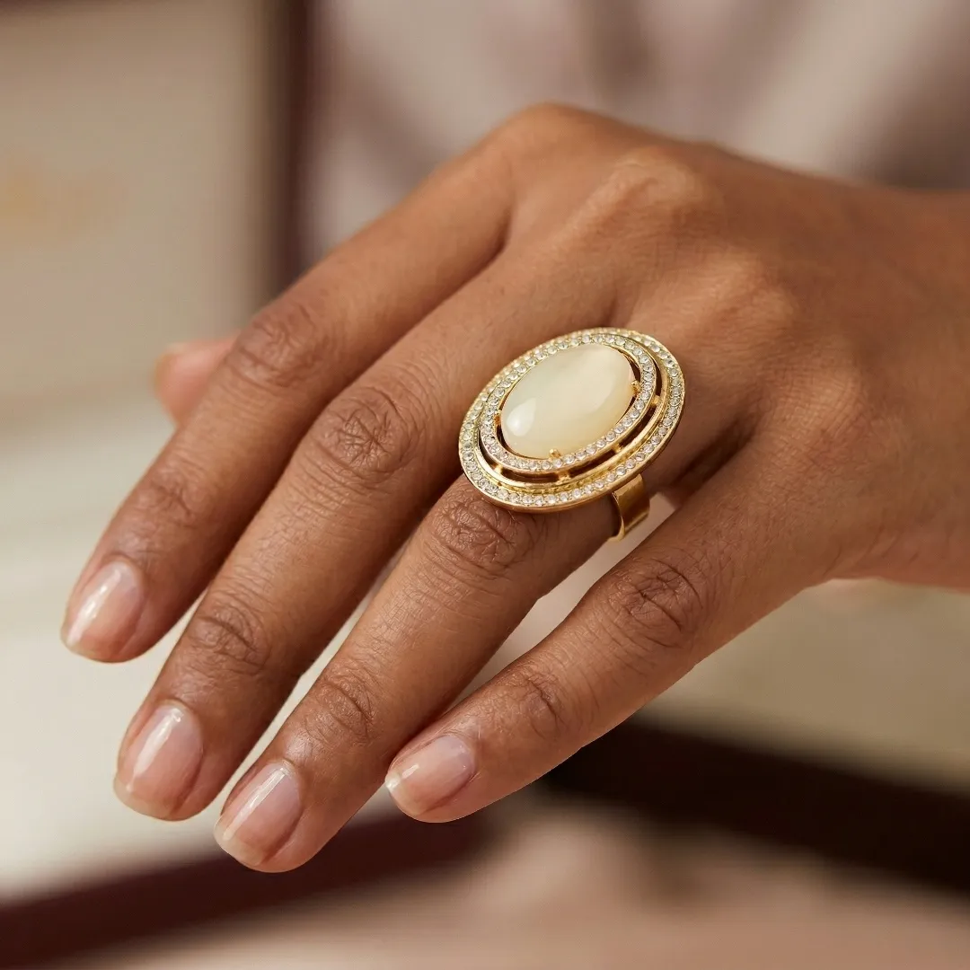 Cream Stone AD Halo Ring - Designer Fashion Jewellery for Bridal & Party Wear