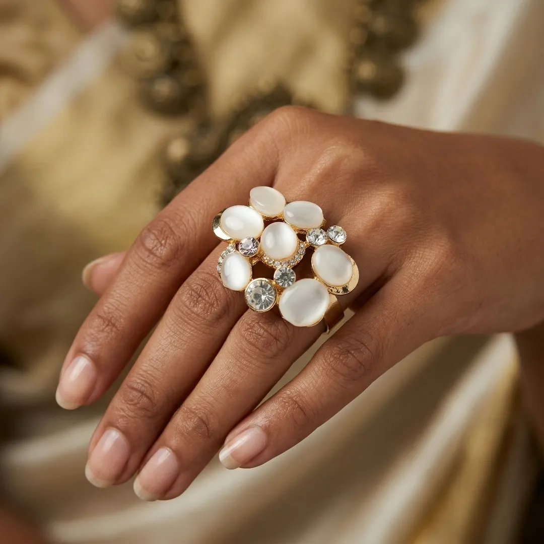 White Pearl AD Cluster Ring - Designer Fashion Jewellery for Bridal & Party Wear