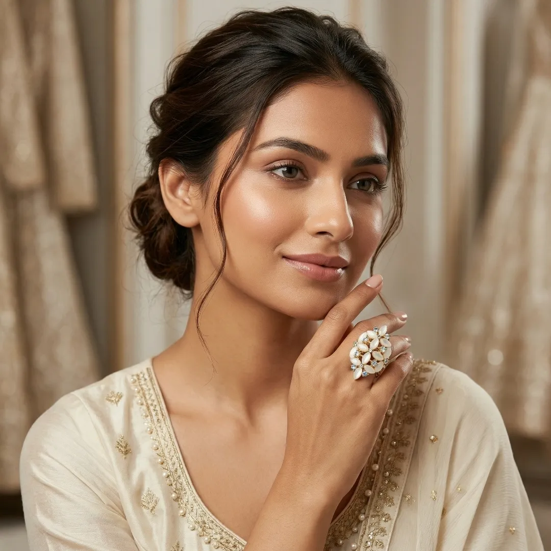 White Kundan Floral Statement Ring - Designer Fashion Jewellery for Bridal & Festive