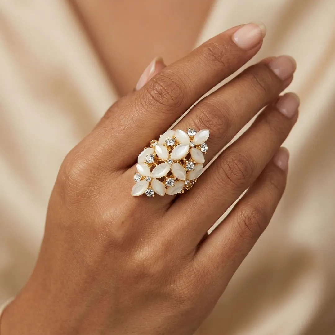 White Kundan Floral Statement Ring - Designer Fashion Jewellery for Bridal & Festive