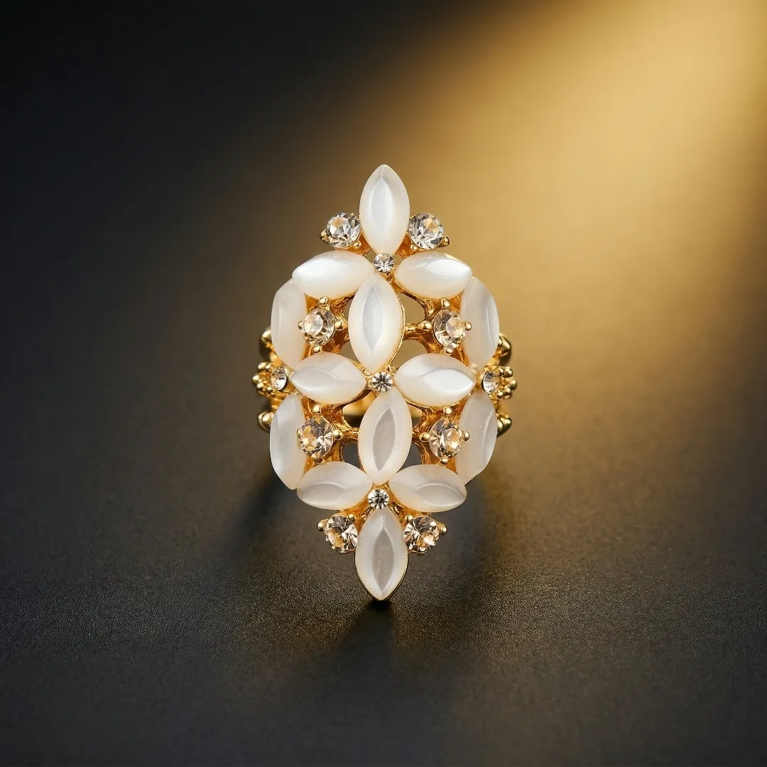 White Kundan Floral Statement Ring - Designer Fashion Jewellery for Bridal & Festive
