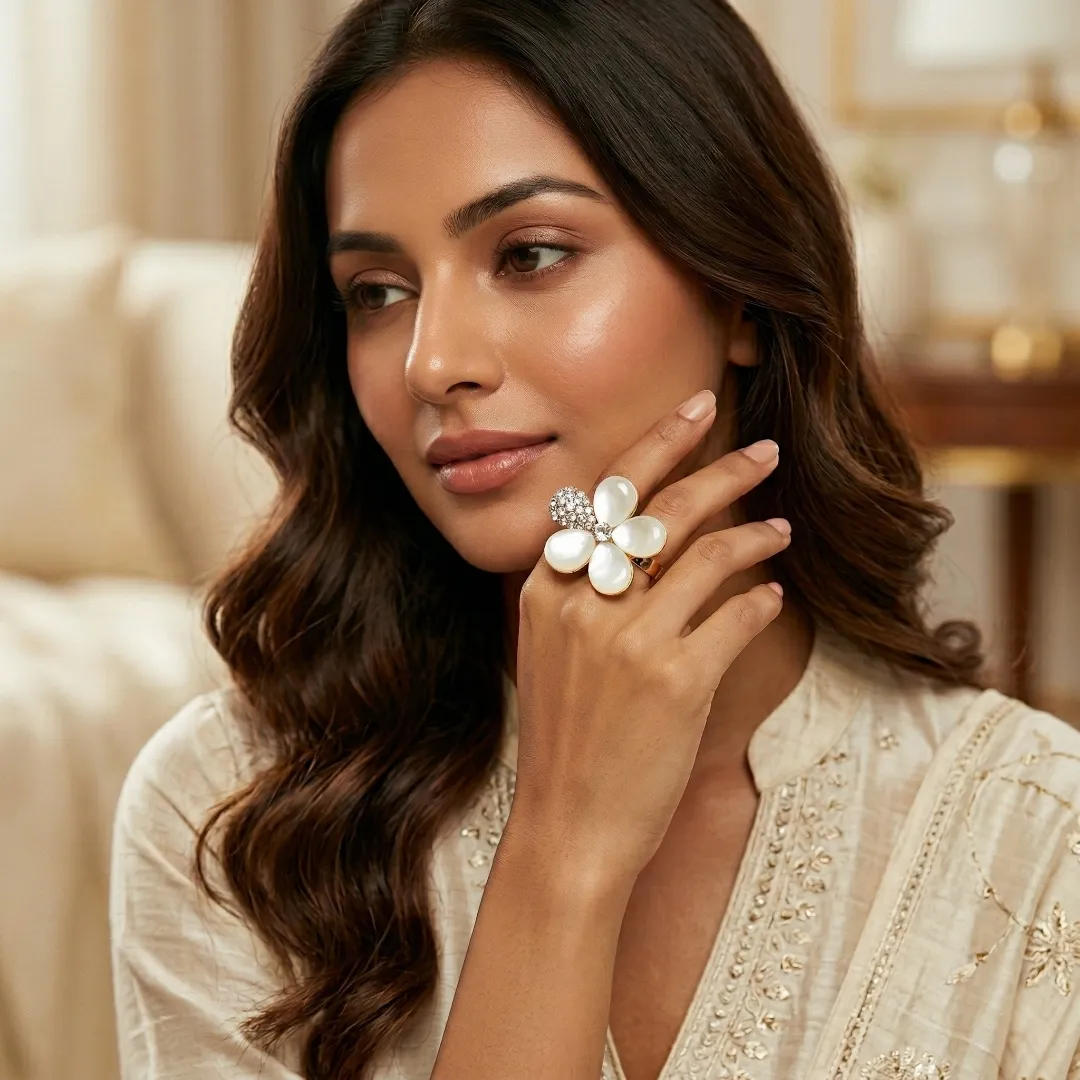 White Pearl Flower AD Ring - Designer Fashion Jewellery for Bridal & Party Wear