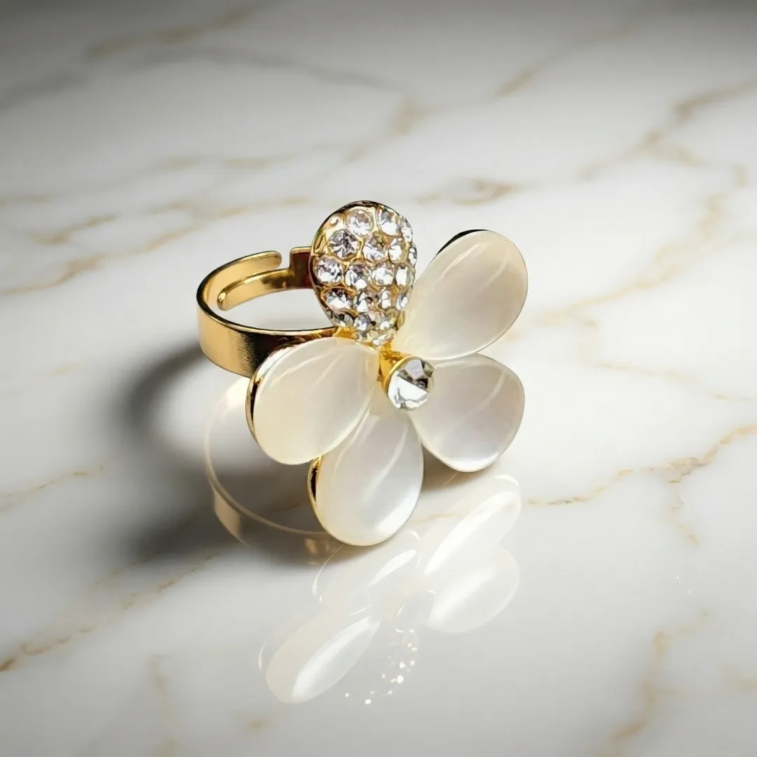 White Pearl Flower AD Ring - Designer Fashion Jewellery for Bridal & Party Wear