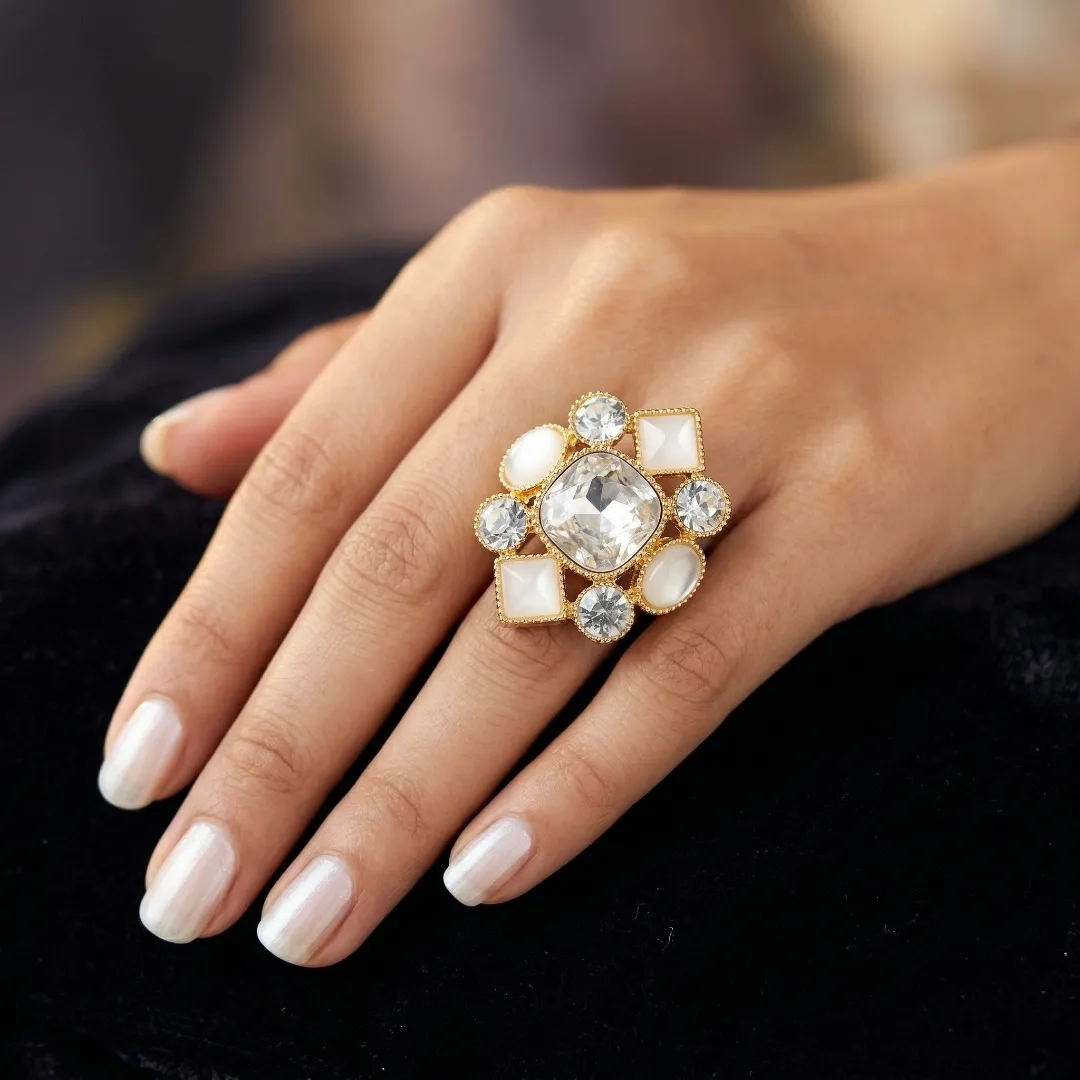 Kundan Fusion AD Cocktail Ring - Designer Fashion Jewellery for Bridal & Party Wear