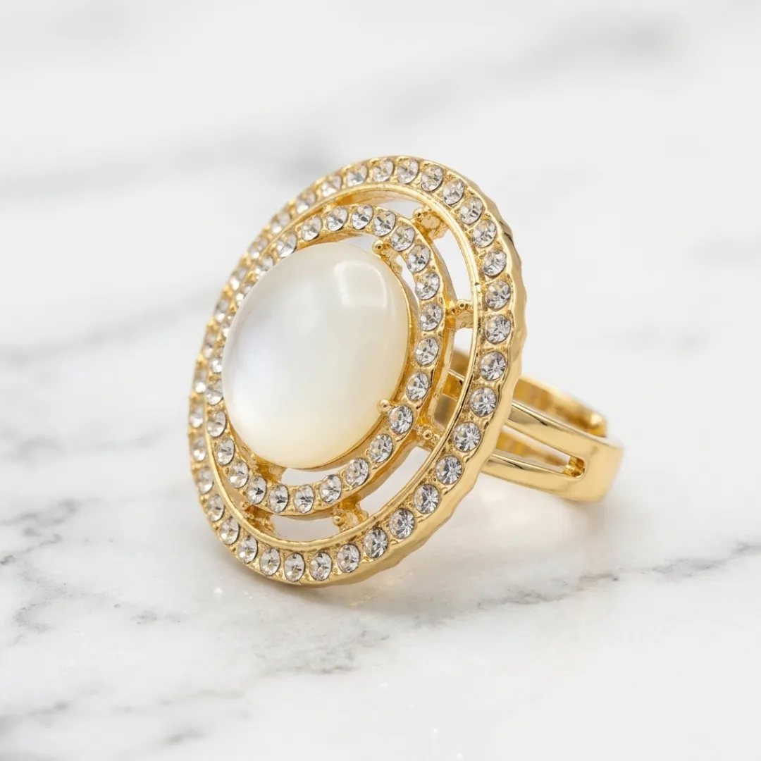 White Pearl Double Halo AD Ring - Designer Fashion Jewellery for Bridal Occasions