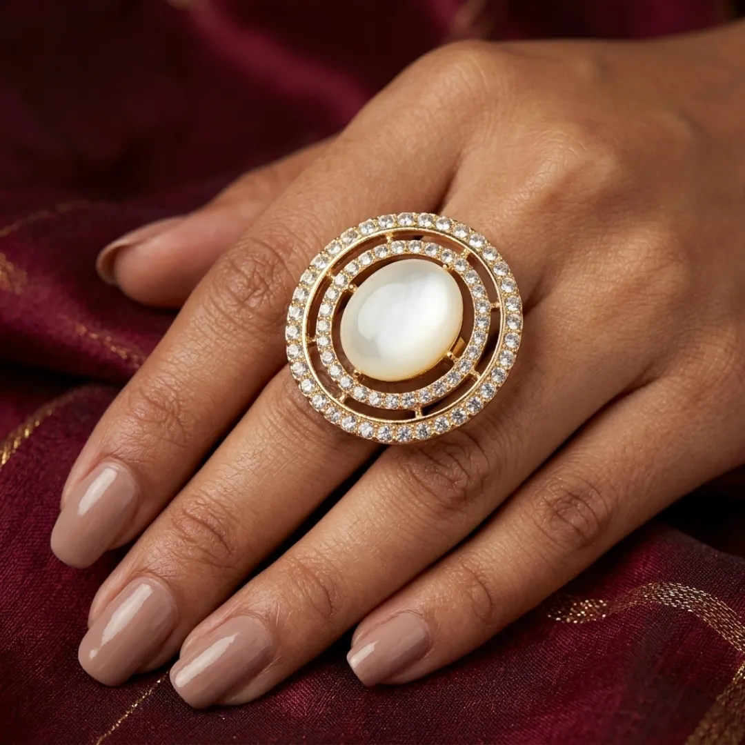 White Pearl Double Halo AD Ring - Designer Fashion Jewellery for Bridal Occasions